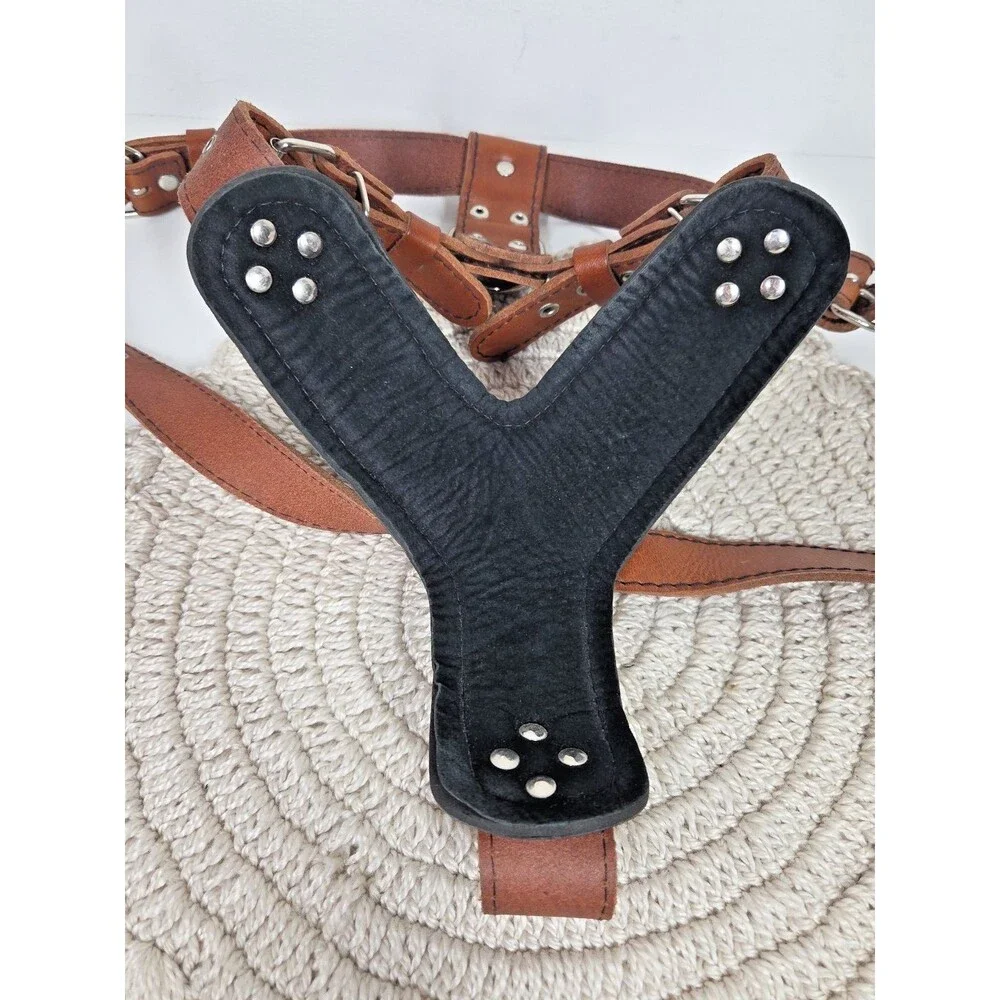 BESTIA The ''Maximus'' Dog Collar Harness Genuine Leather Brown Silver S-M EUC *